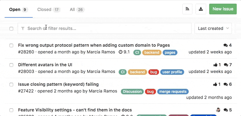 filter issues in a project